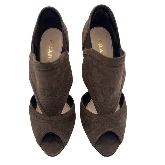 Prada Brown Suede Peep Toe Platform Heels – Size 38.5 - Picture 3 of 10
